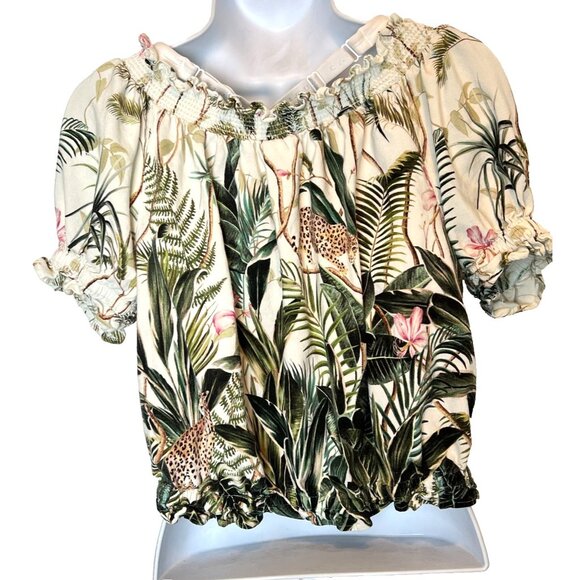 H&M Women's Size 10 Blouse Gathered Neck, Hem Cuffs Short Sleeve Cheetah Jungle - Picture 5 of 12